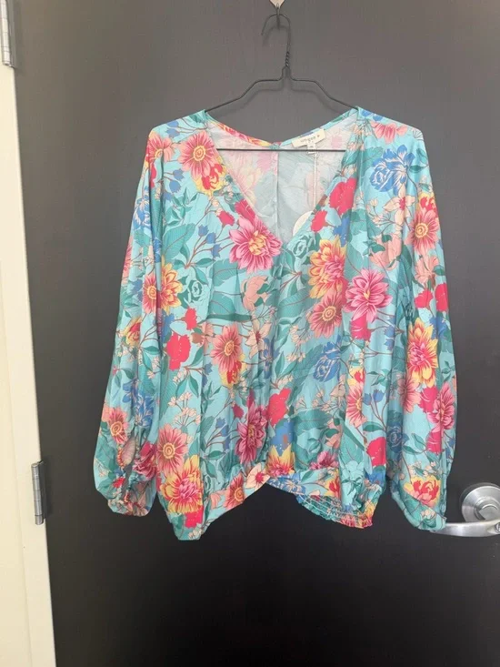 Umgee Aqua Floral V-Neck Puff Sleeve Blouse - Picture 5 of 9